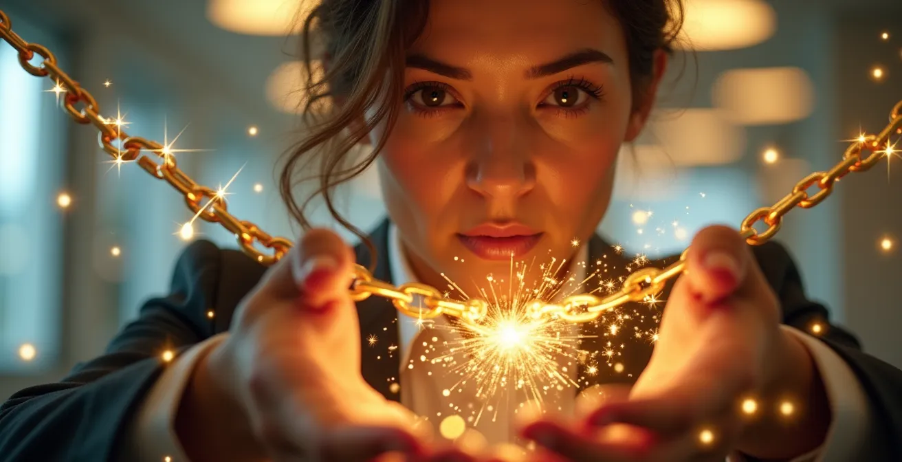 Persona rompiendo cadenas invisibles en un entorno de oficina