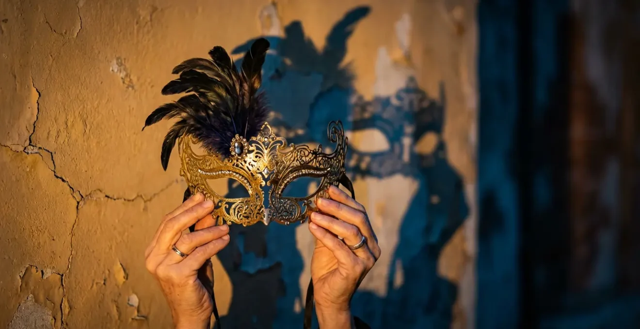 Manos sosteniendo una máscara elegante con sombras reveladoras detrás que sugieren engaño y manipulación.