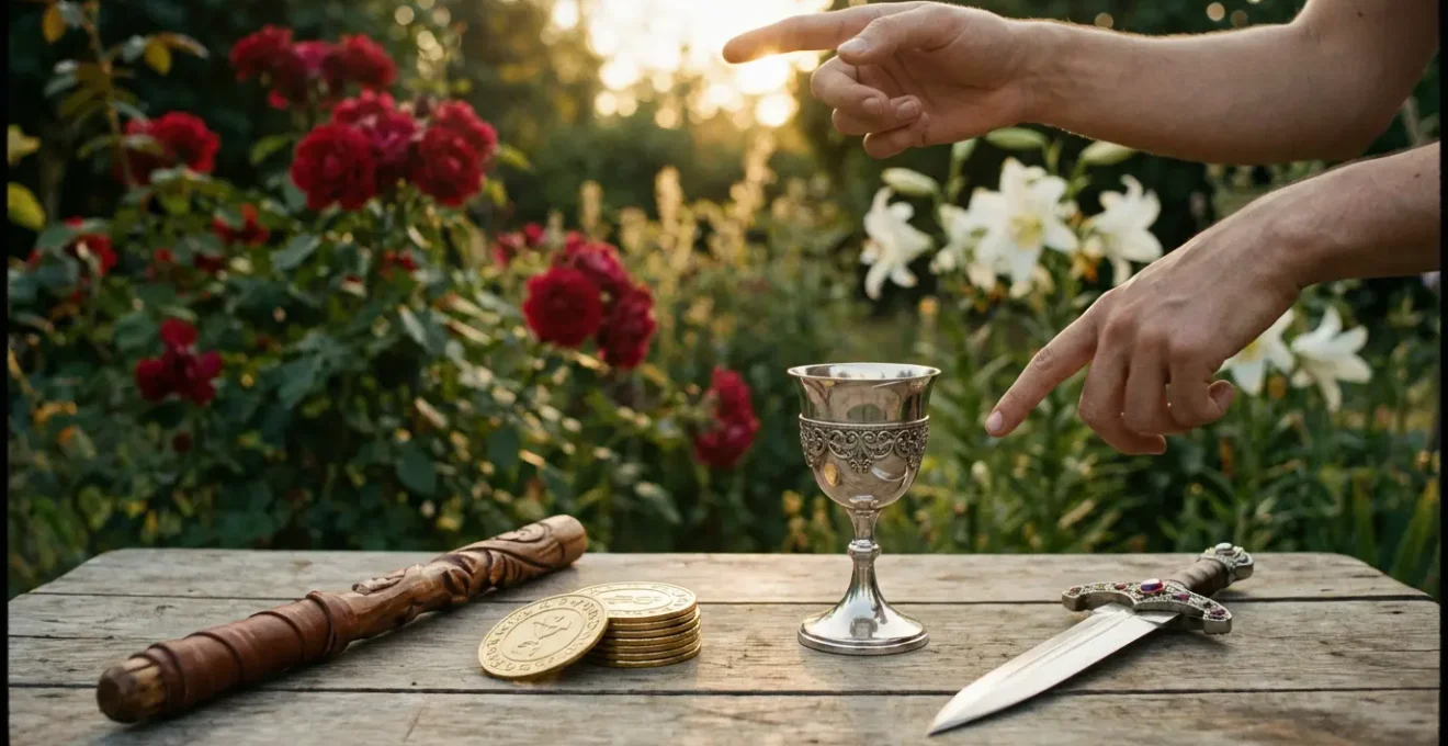 Persona con herramientas simbólicas del tarot en mesa de madera tomando iniciativa amorosa