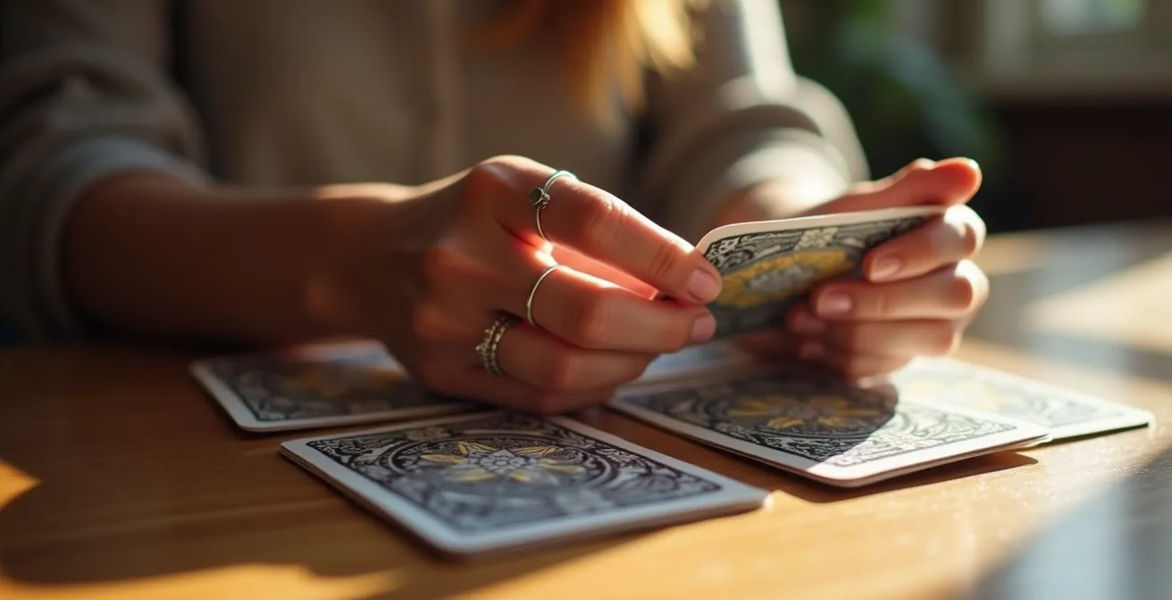 Manos barajando cartas de tarot con luz suave natural