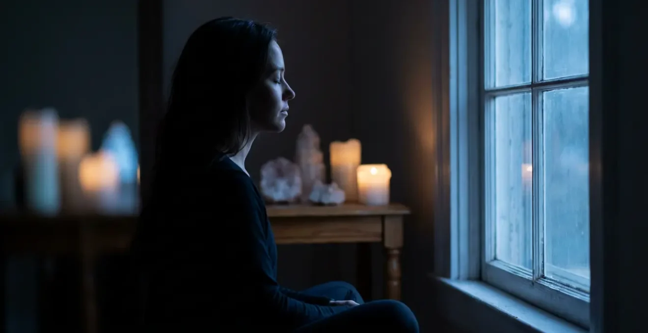 Persona en meditación nocturna preparándose para consulta espiritual