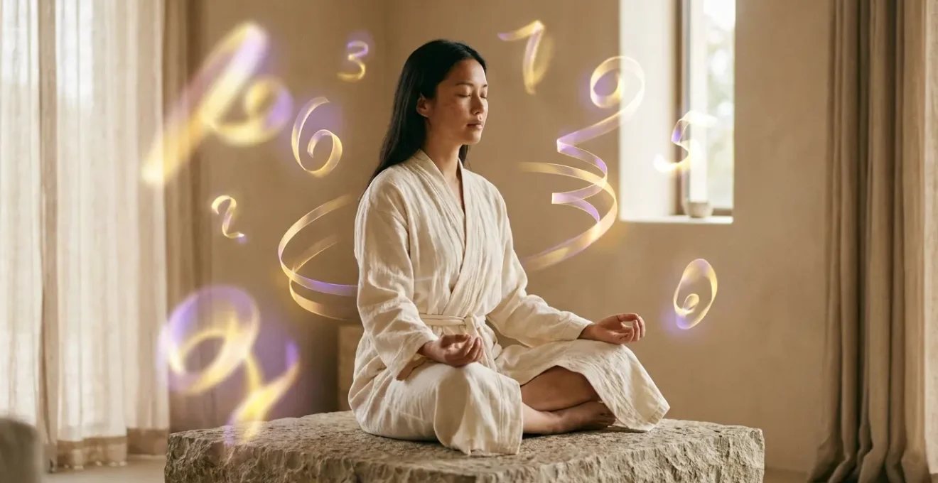 Persona en meditación profunda rodeada de números luminosos flotantes y energía dorada vibrante
