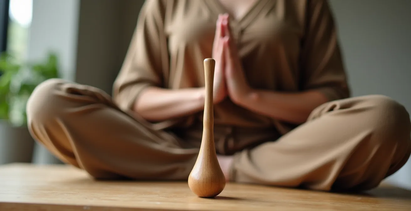 Persona en postura meditativa con péndulo descansando en superficie de madera