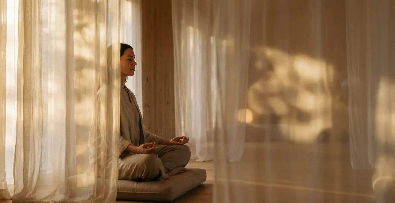 Médium en estado meditativo conectando con el plano espiritual en un espacio sagrado con luz etérea