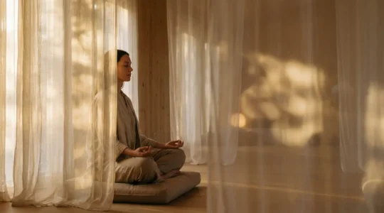 Médium en estado meditativo conectando con el plano espiritual en un espacio sagrado con luz etérea