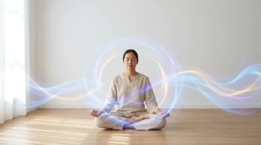 Persona meditando rodeada de energías sutiles representadas como ondas de luz translúcida