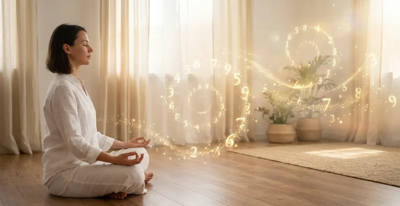 Persona en meditación rodeada de números luminosos flotando en espirales doradas