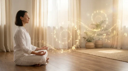 Persona en meditación rodeada de números luminosos flotando en espirales doradas
