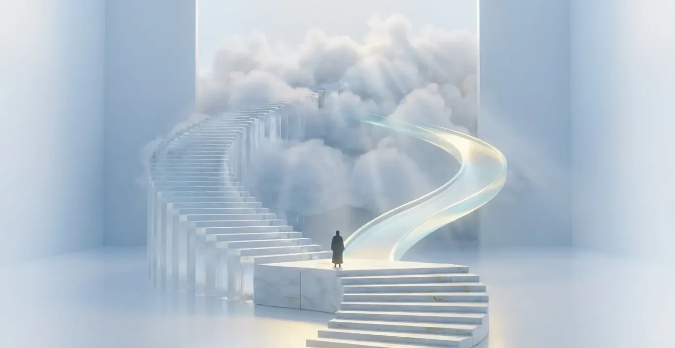 Escalera de luz ascendente con dos caminos paralelos simbolizando la doble vibración de números maestros