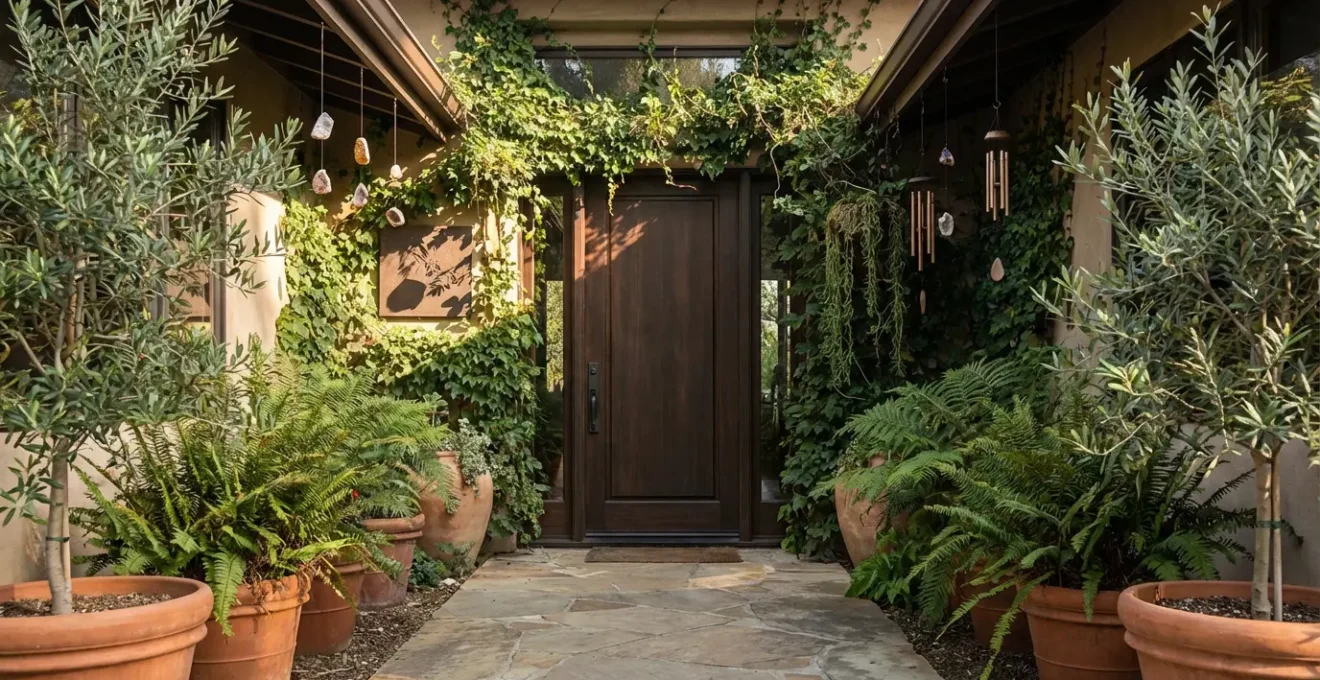 Entrada de casa con número de puerta decorado con elementos simbólicos y plantas que representan armonización energética