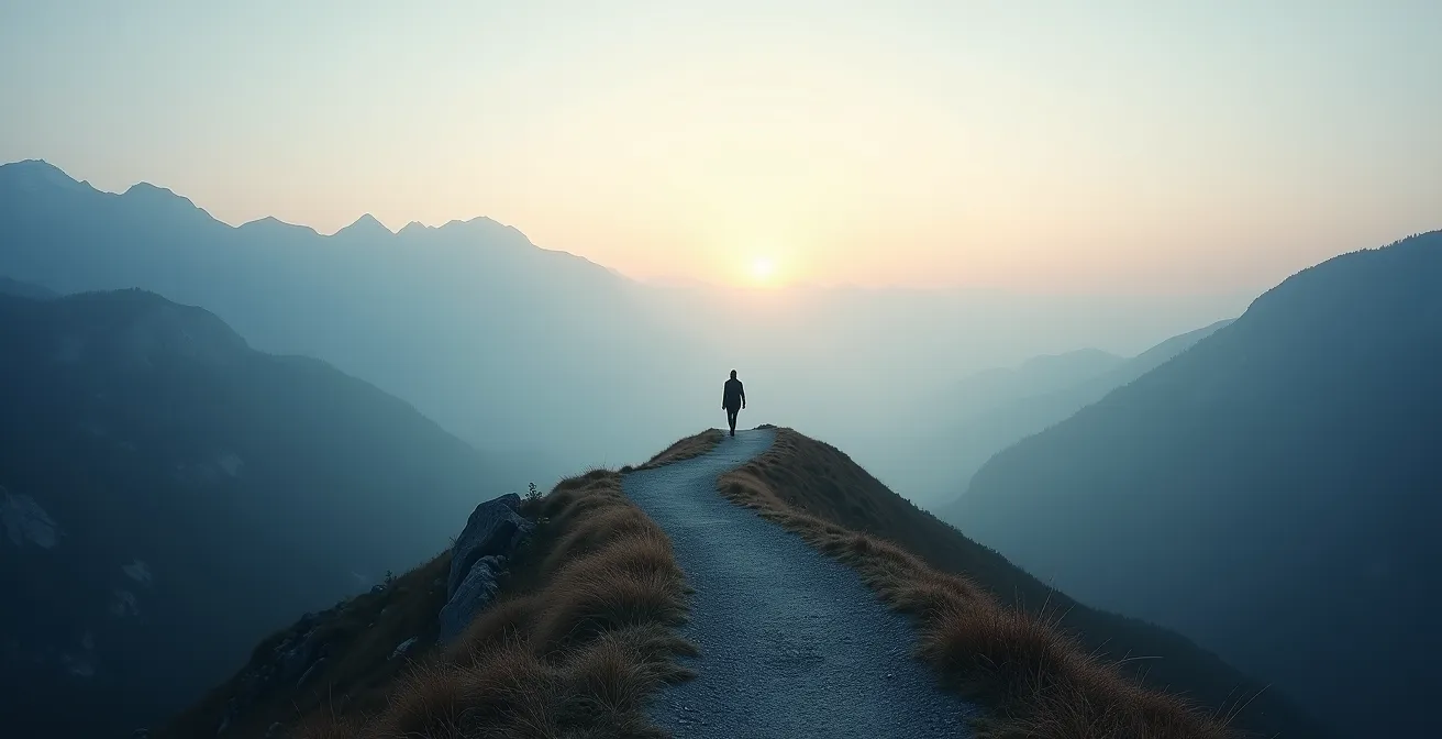 Paisaje minimalista con camino serpenteante hacia montañas místicas