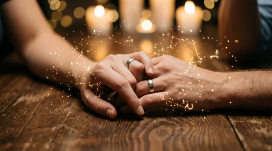 Manos entrelazadas con auras numerológicas sutiles simbolizando la conexión del destino amoroso