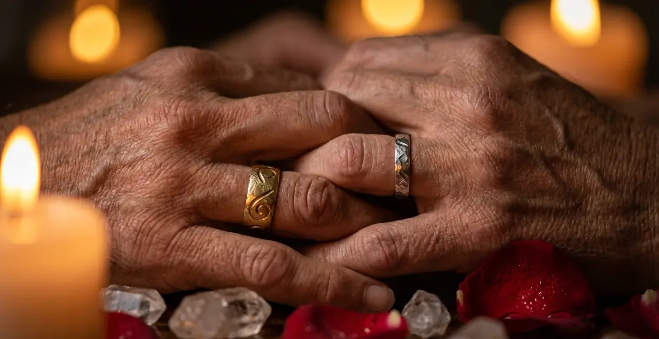 Pareja meditando juntos en un espacio sereno con velas y cristales preparándose energéticamente para su boda