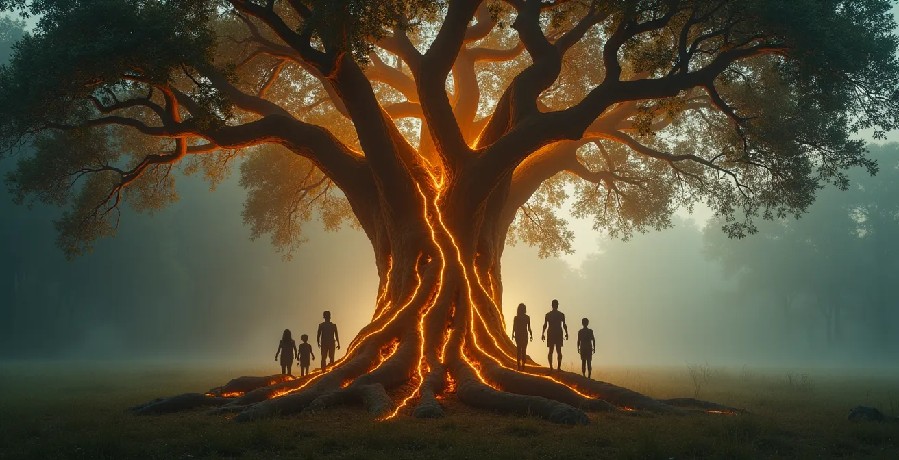 Representación visual de un árbol genealógico con hilos de luz conectando generaciones