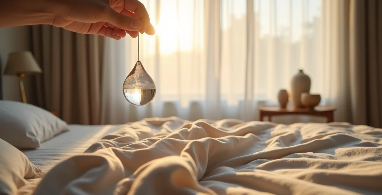 Péndulo de cuarzo transparente suspendido sobre espacio de dormitorio minimalista