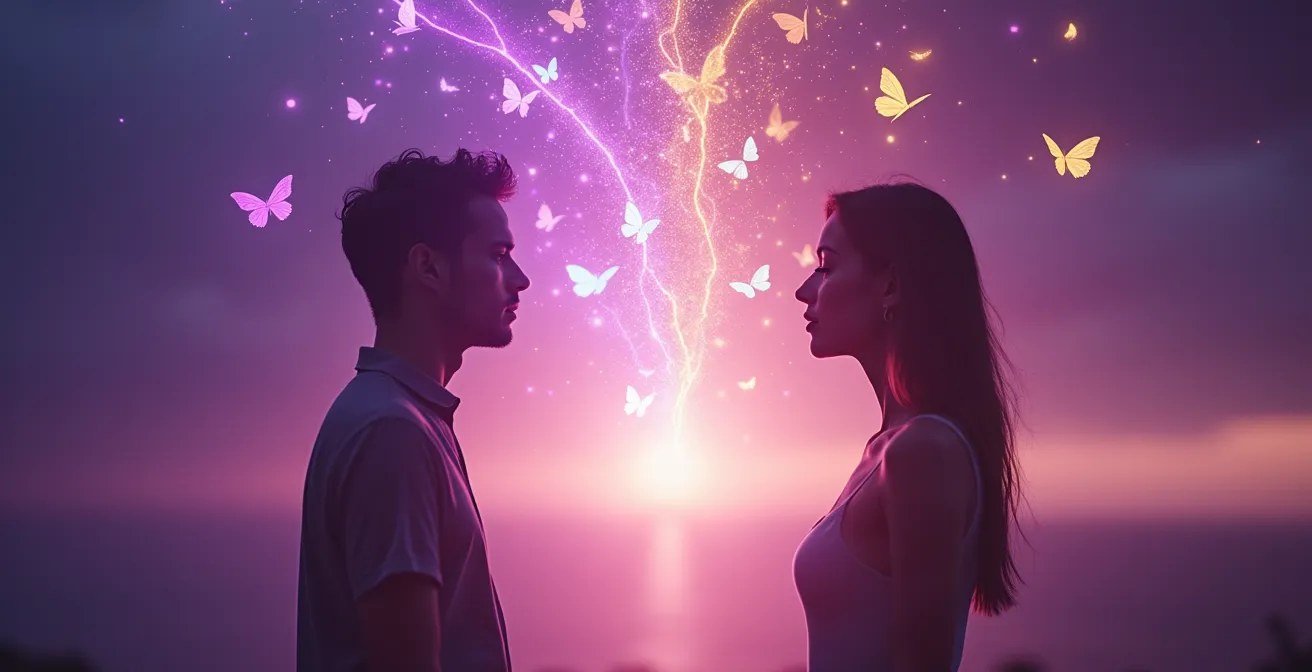 Visualización de cordones energéticos siendo cortados con luz violeta entre dos siluetas humanas