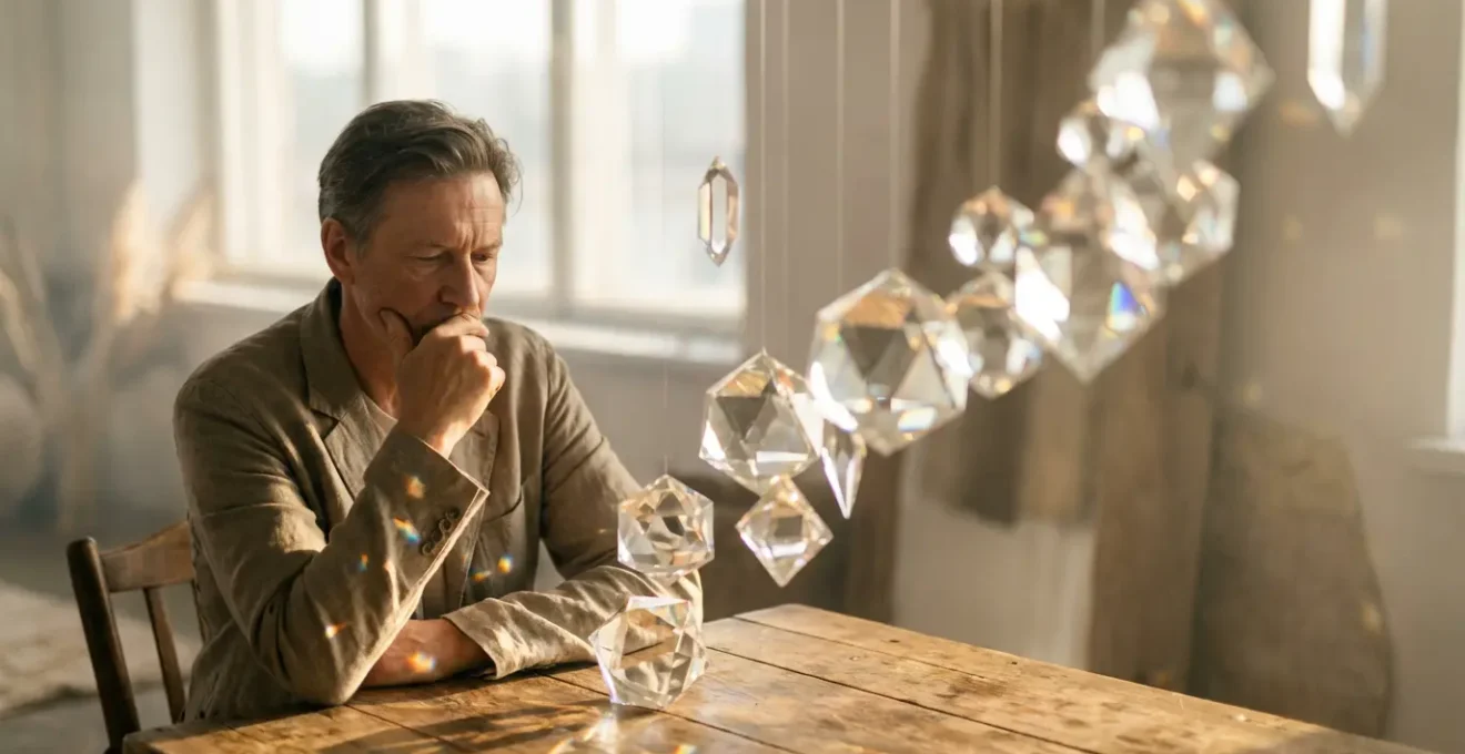 Persona madura contemplando símbolos numerológicos flotantes en espacio etéreo representando transformación profesional