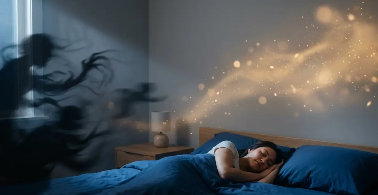 Persona durmiendo rodeada de sombras oníricas transformándose en luz dorada