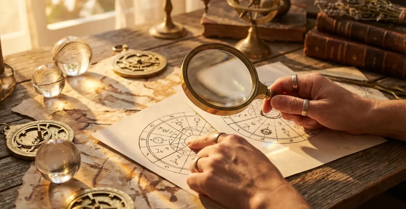 Manos examinando cartas astrales y símbolos astrológicos en un escritorio iluminado