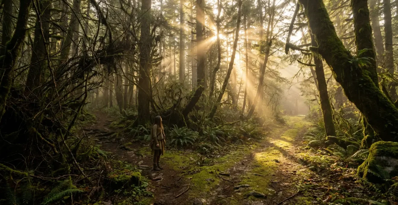 Persona en encrucijada de caminos iluminados simbolizando elección kármica
