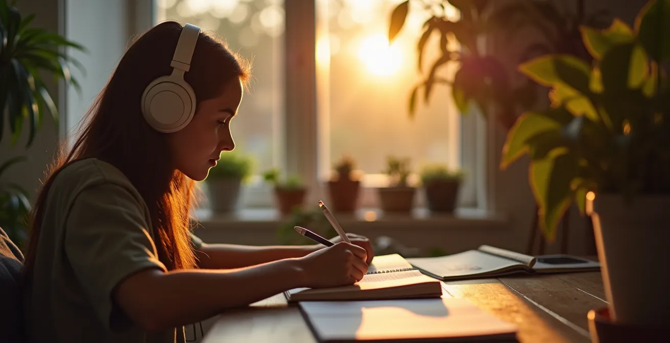 Persona tomando notas mientras escucha una grabación con auriculares en ambiente tranquilo