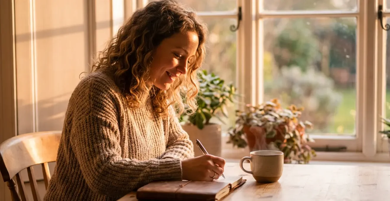 Mujer escribiendo en diario íntimo al amanecer junto a ventana, con luz dorada creando ambiente introspectivo