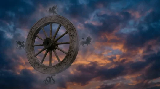 La Rueda de la Fortuna del tarot girando con símbolos astrológicos y figuras místicas en un momento de cambio