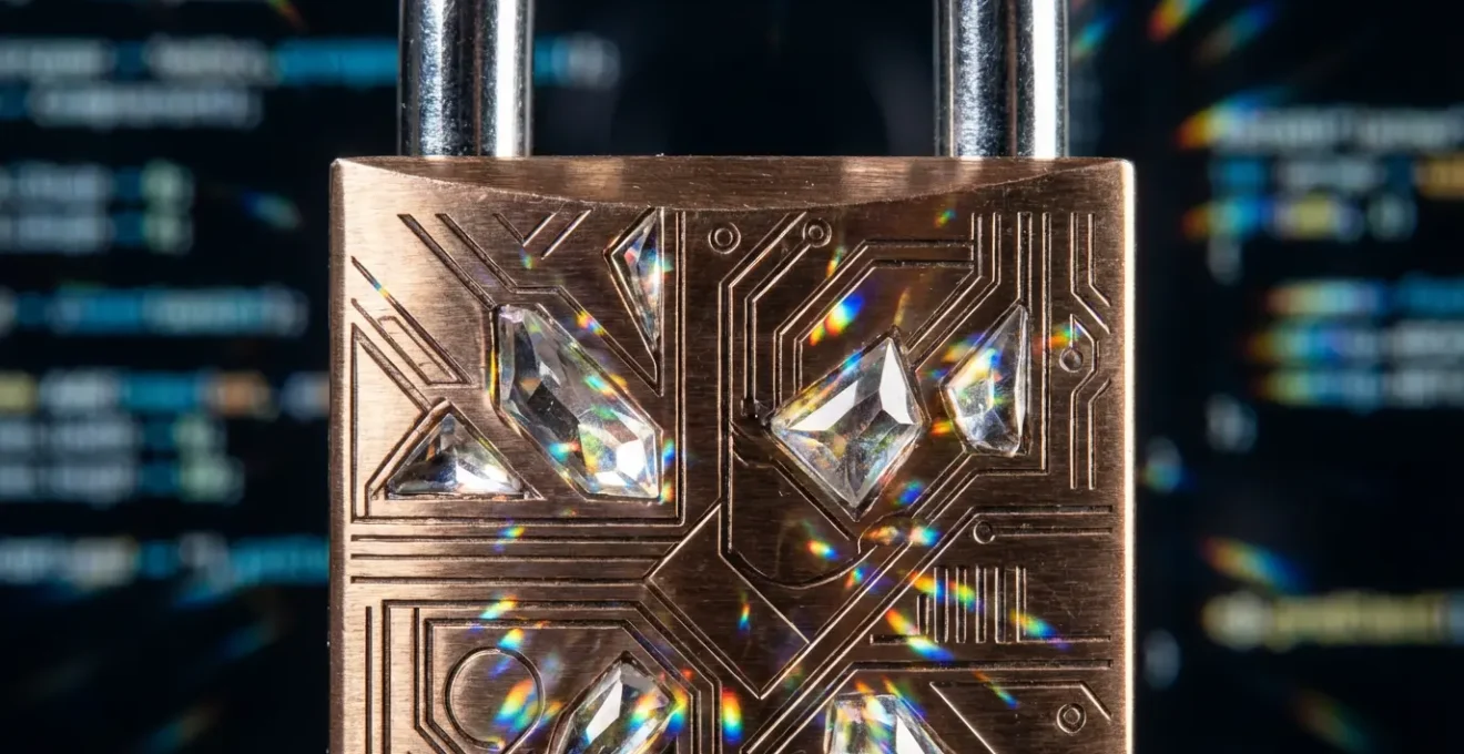 Detalle macro de código cifrado y candado digital abstracto