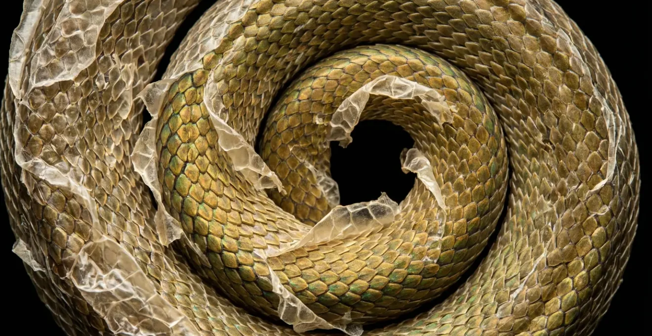 Serpiente formando un círculo infinito mudando su piel dorada