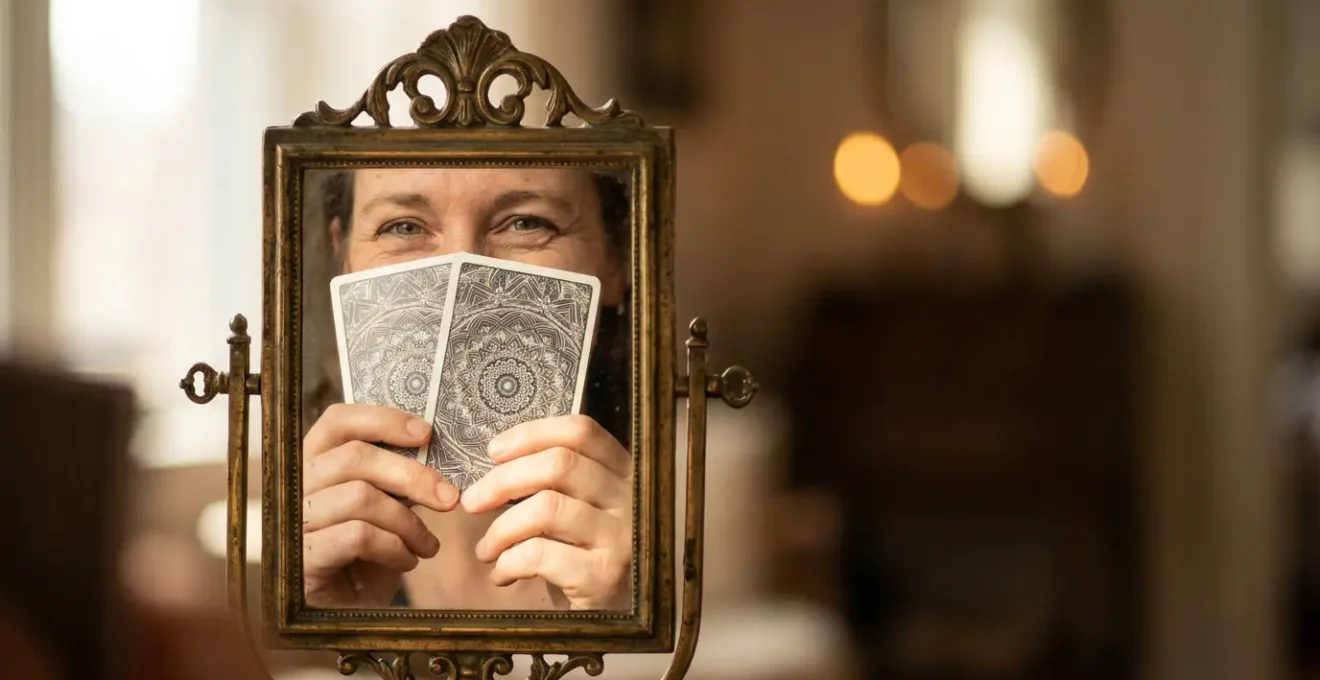 Manos sosteniendo carta de tarot reflejada en espejo antiguo