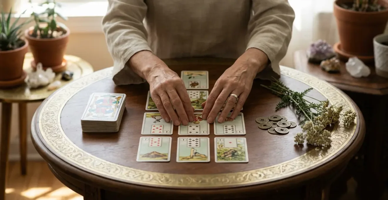 Mesa de consulta con diferentes sistemas de adivinación claramente separados y organizados