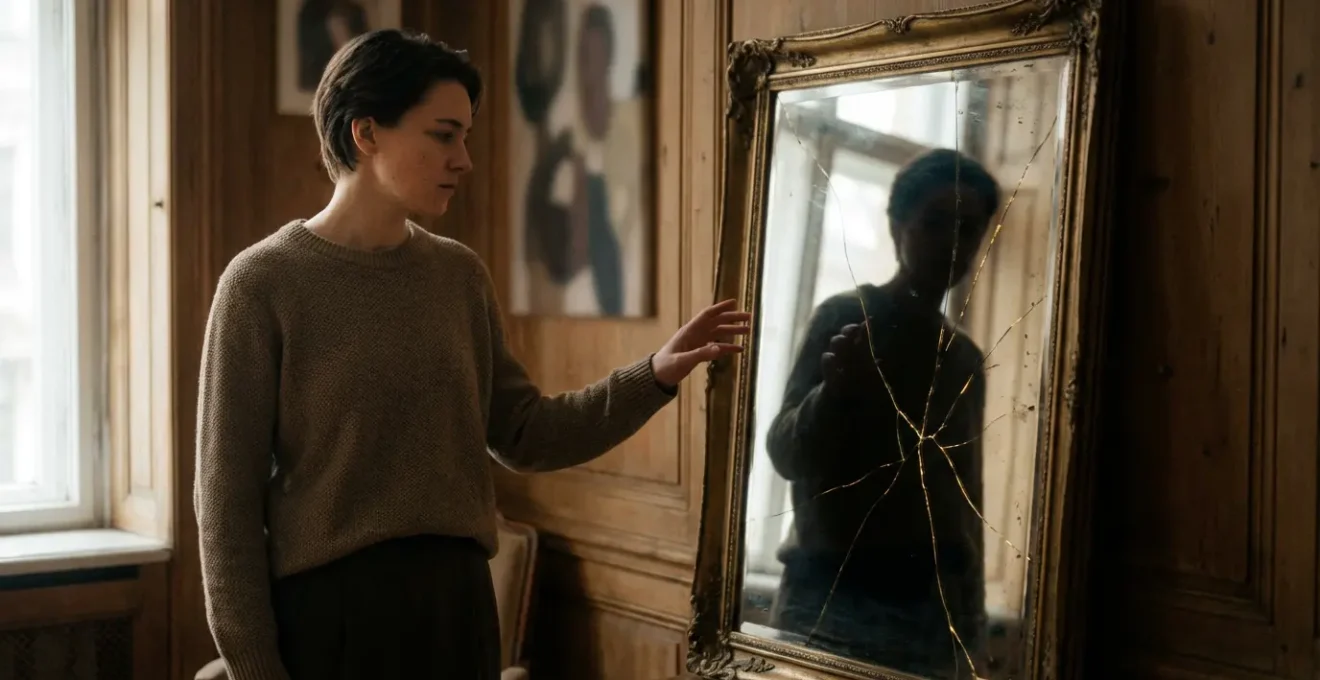 Figura humana frente a su reflejo oscuro transformándose en luz