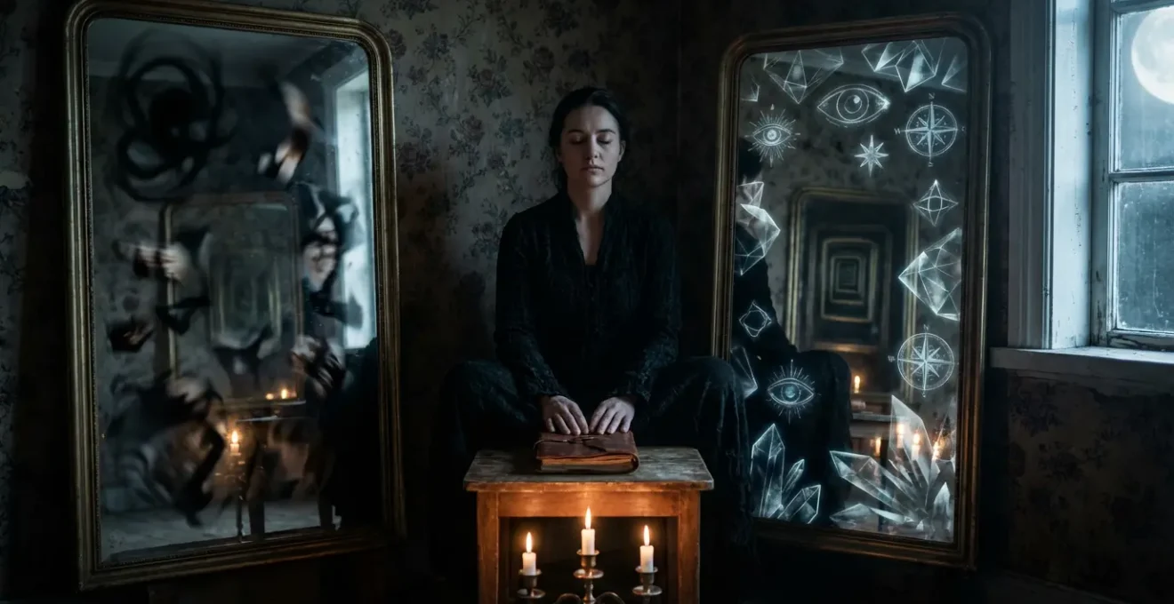 Persona observando dos reflejos en espejos enfrentados mostrando diferentes realidades oníricas