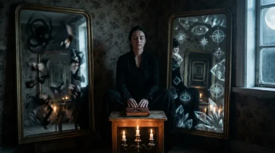 Persona observando dos reflejos en espejos enfrentados mostrando diferentes realidades oníricas