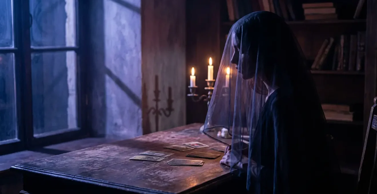 Mujer misteriosa con velo transparente mirando cartas del tarot bajo luz de velas, reflejando intuición y secretos ocultos