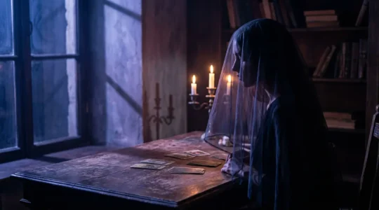 Mujer misteriosa con velo transparente mirando cartas del tarot bajo luz de velas, reflejando intuición y secretos ocultos