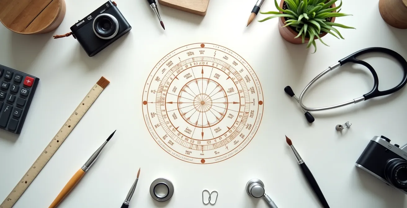 Mesa de trabajo con carta astral circular proyectada sobre superficie, rodeada de herramientas profesionales diversas
