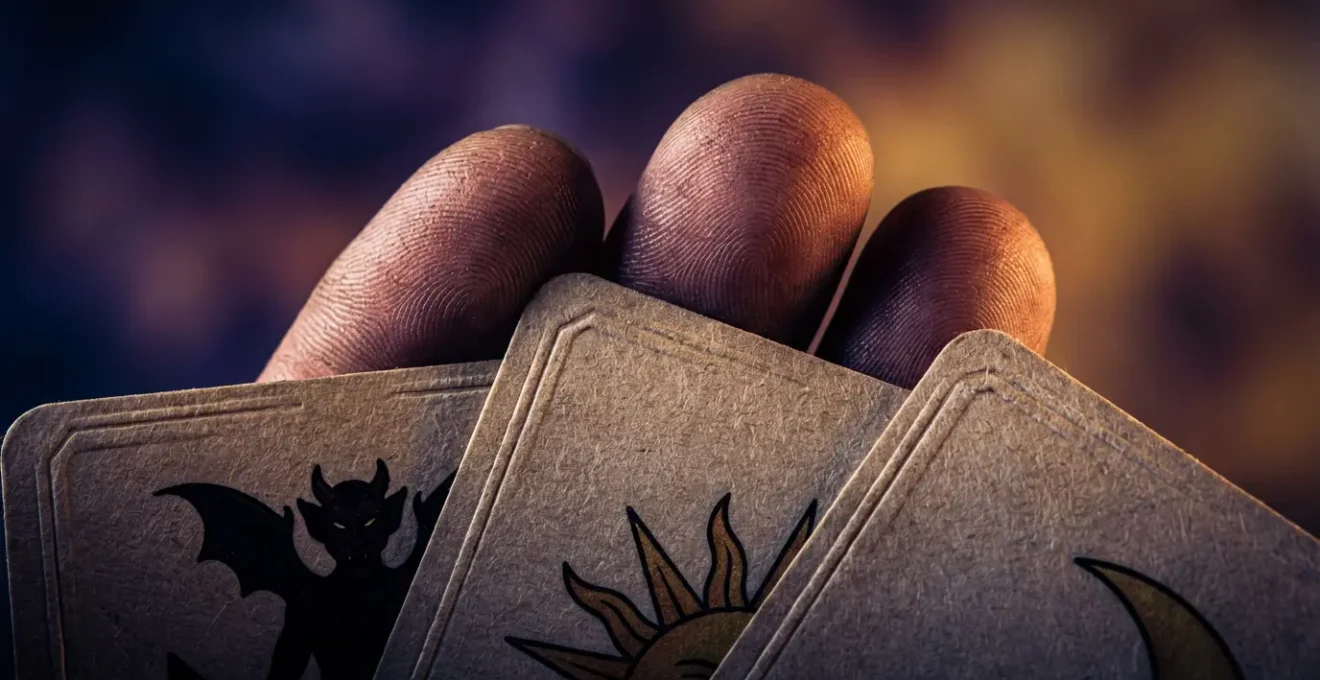 Manos sosteniendo cartas del tarot evolutivo en momento de revelación transformadora