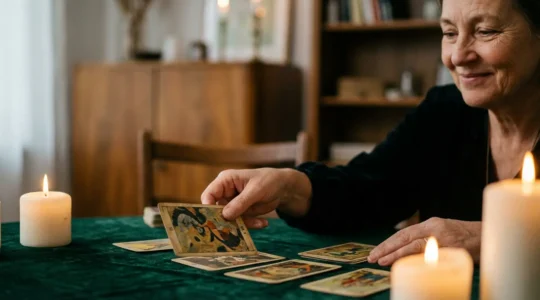 Tarotista profesional mostrando empatía y tacto durante una consulta sensible