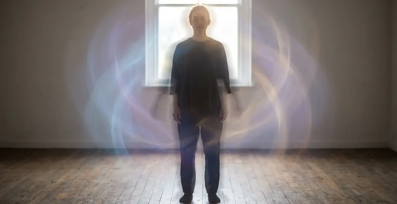 Persona de pie practicando test de balanceo corporal con aura de colores sutiles alrededor