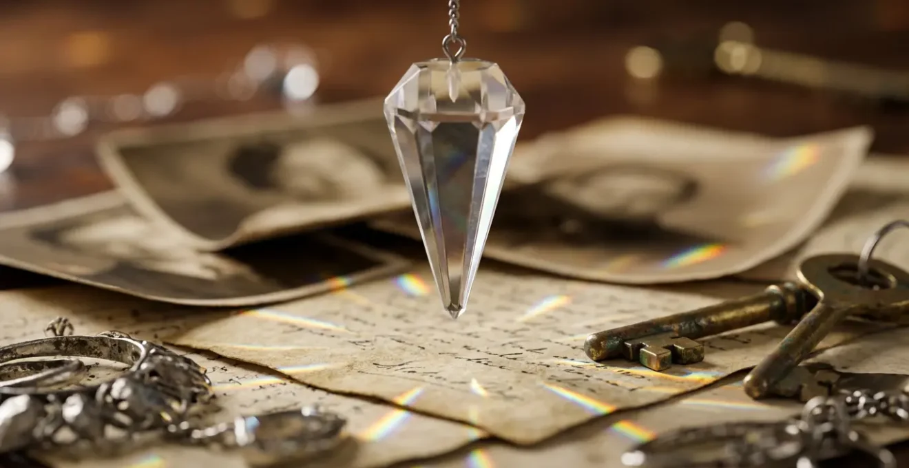 Péndulo sobre fotografías antiguas y documentos personales en mesa de madera