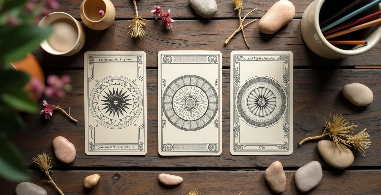 Tres cartas de tarot dispuestas sobre una mesa de madera con elementos creativos alrededor
