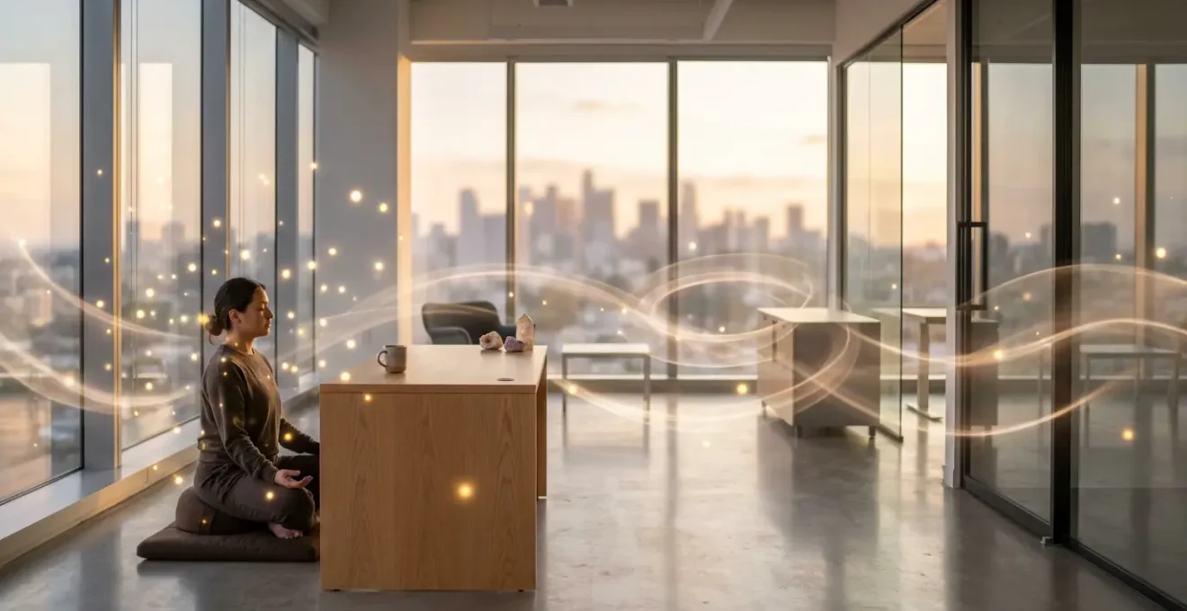 Persona meditando en oficina moderna rodeada de luz dorada y partículas de energía flotando