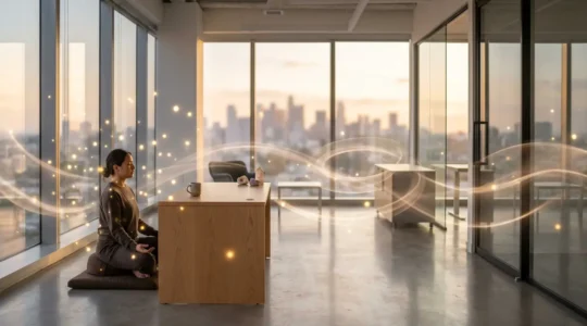 Persona meditando en oficina moderna rodeada de luz dorada y partículas de energía flotando