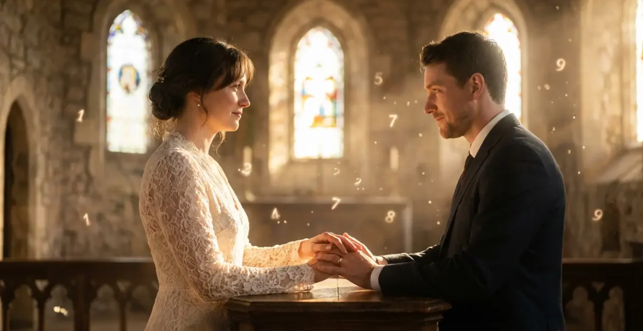 Pareja en una ceremonia nupcial rodeada de símbolos numéricos sutiles en un ambiente místico y romántico