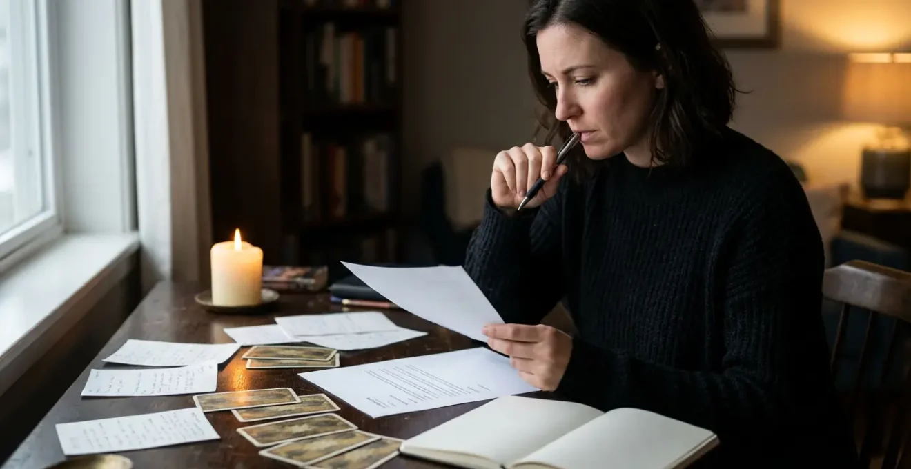 Mujer reflexionando con luz de velas y cartas tarot en mesa