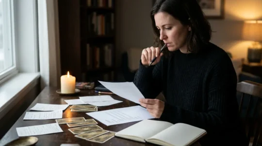 Mujer reflexionando con luz de velas y cartas tarot en mesa